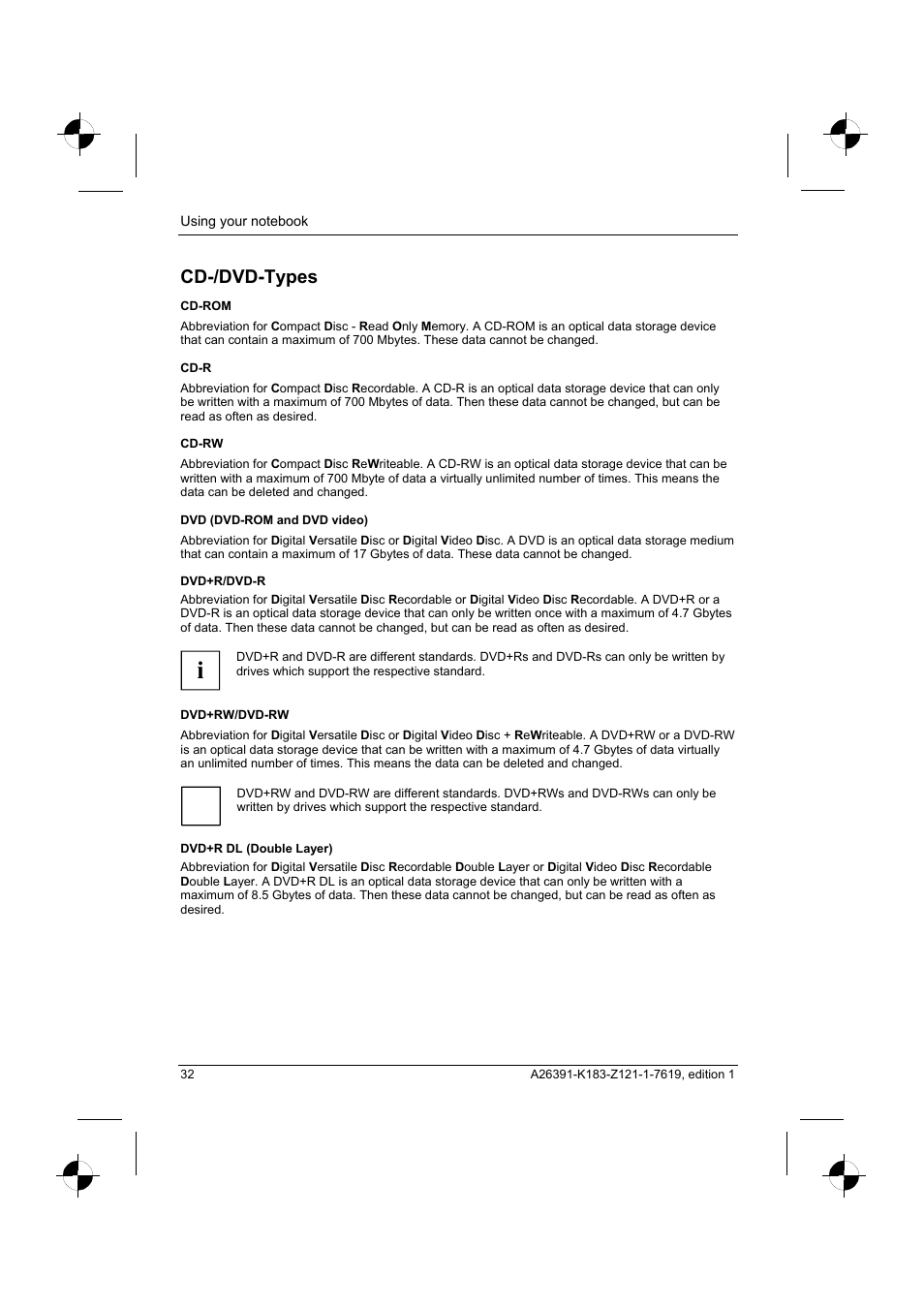 Cd-/dvd-types | Fujitsu Siemens Computers AMILO Pro V2035 User Manual | Page 42 / 84