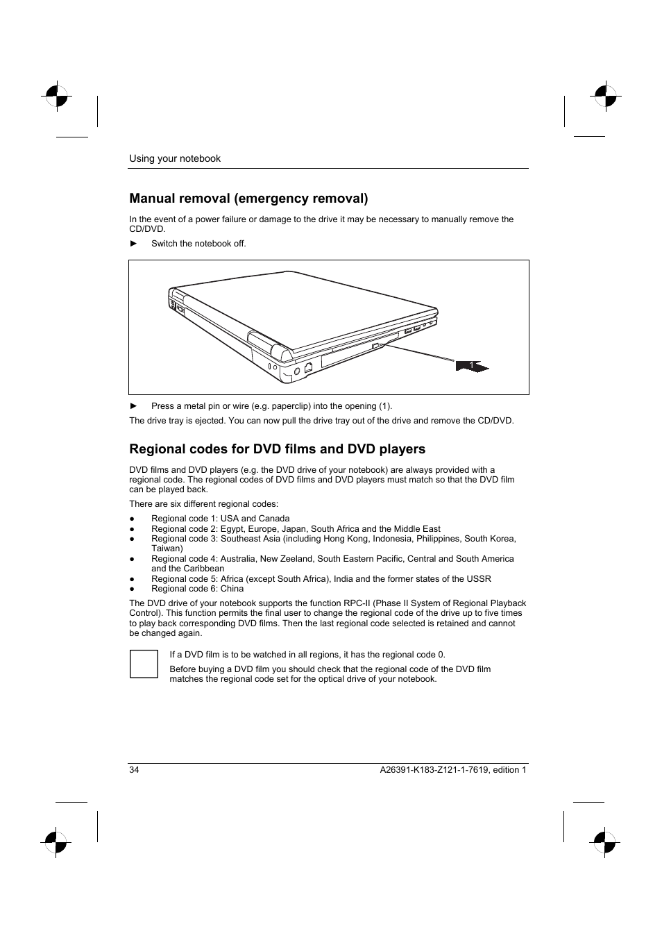 Manual removal (emergency removal), Regional codes for dvd films and dvd players | Fujitsu Siemens Computers AMILO Pro V2035 User Manual | Page 44 / 84