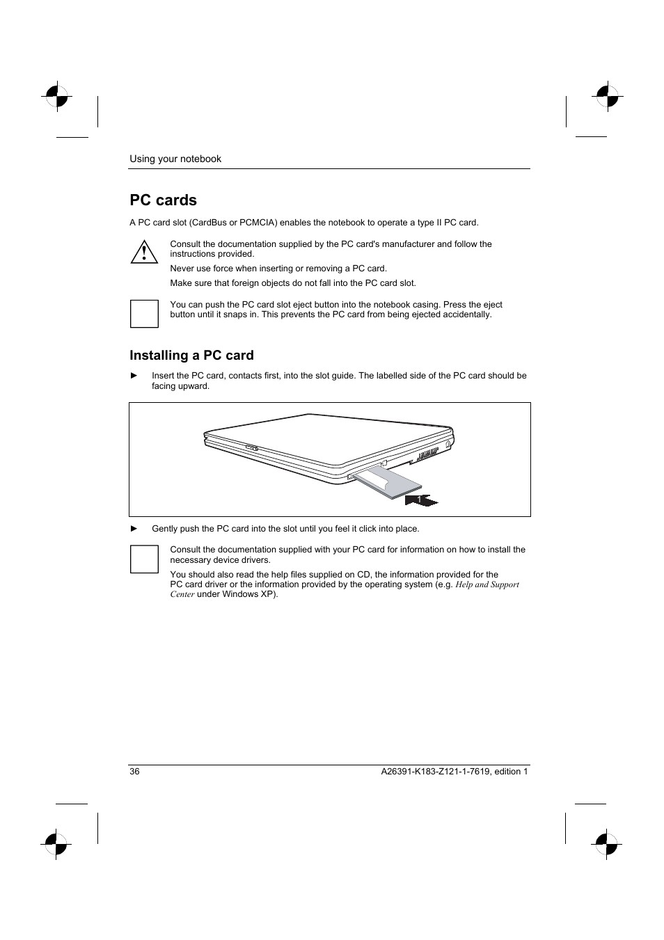 Pc cards, Installing a pc card | Fujitsu Siemens Computers AMILO Pro V2035 User Manual | Page 46 / 84