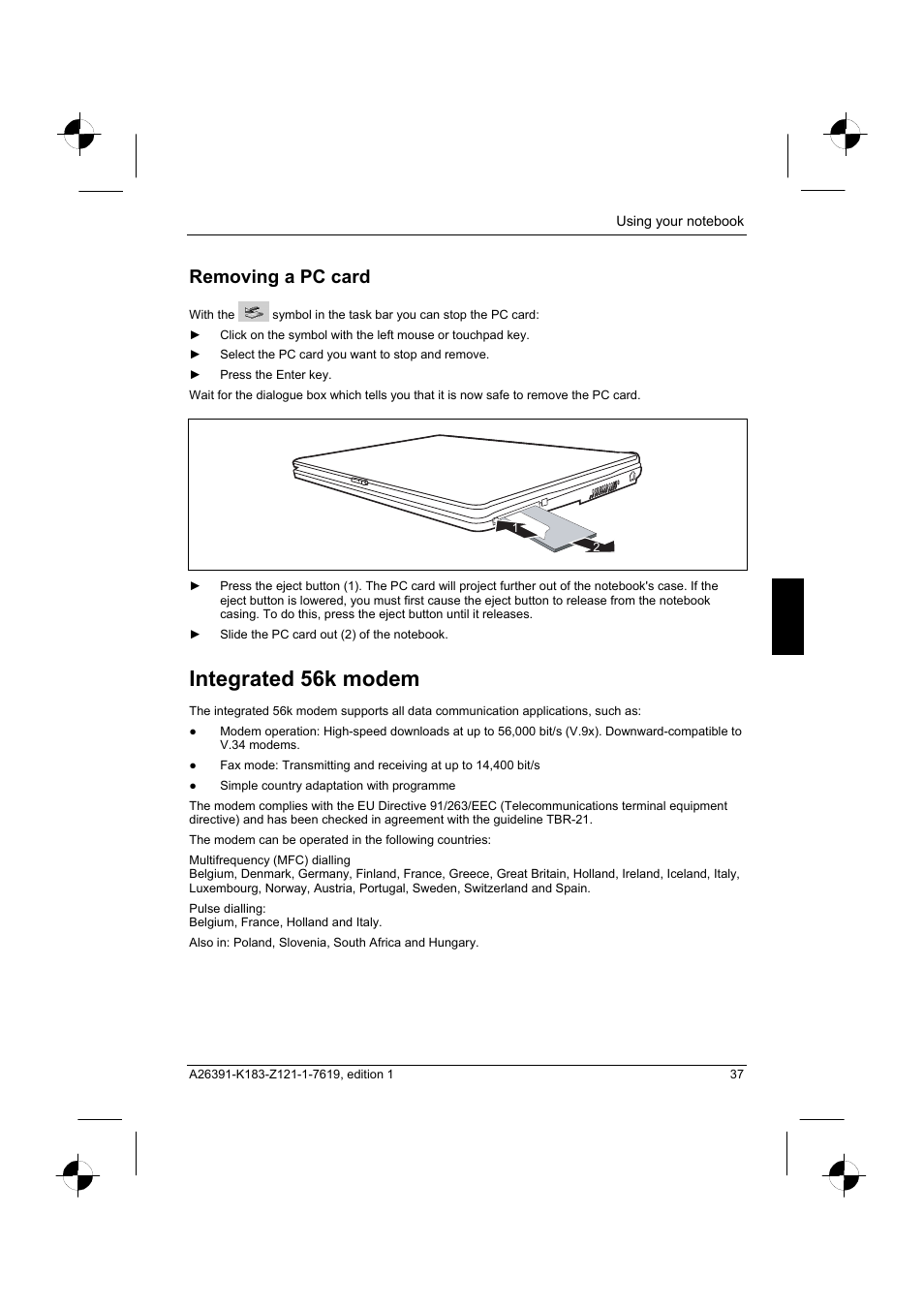 Removing a pc card, Integrated 56k modem | Fujitsu Siemens Computers AMILO Pro V2035 User Manual | Page 47 / 84