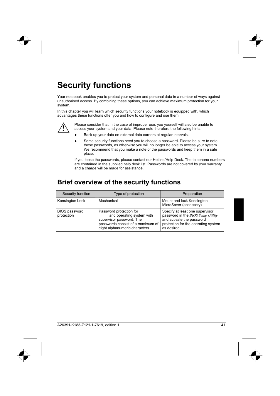 Security functions, Brief overview of the security functions | Fujitsu Siemens Computers AMILO Pro V2035 User Manual | Page 51 / 84