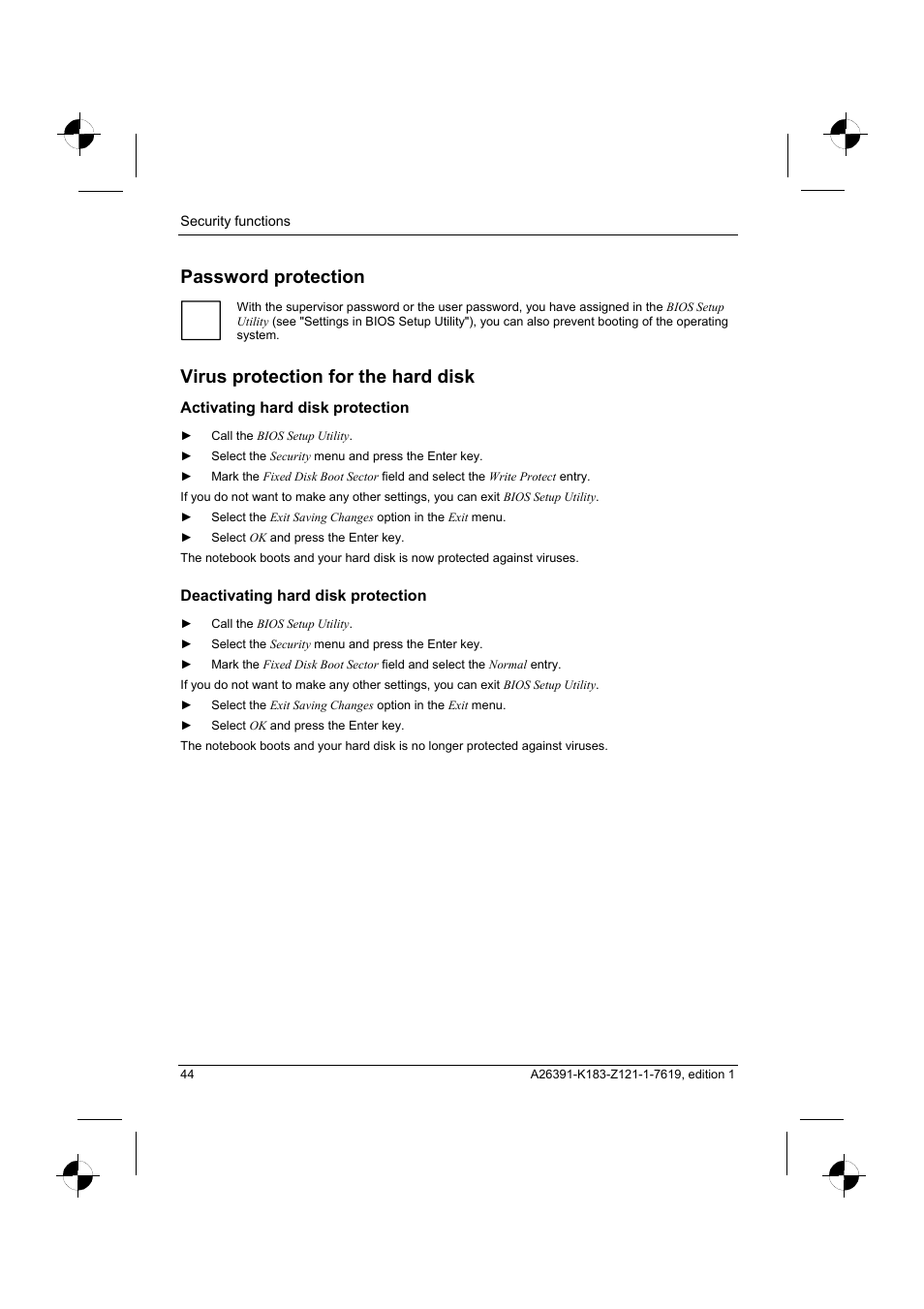 Password protection, Virus protection for the hard disk, Activating hard disk protection | Deactivating hard disk protection | Fujitsu Siemens Computers AMILO Pro V2035 User Manual | Page 54 / 84