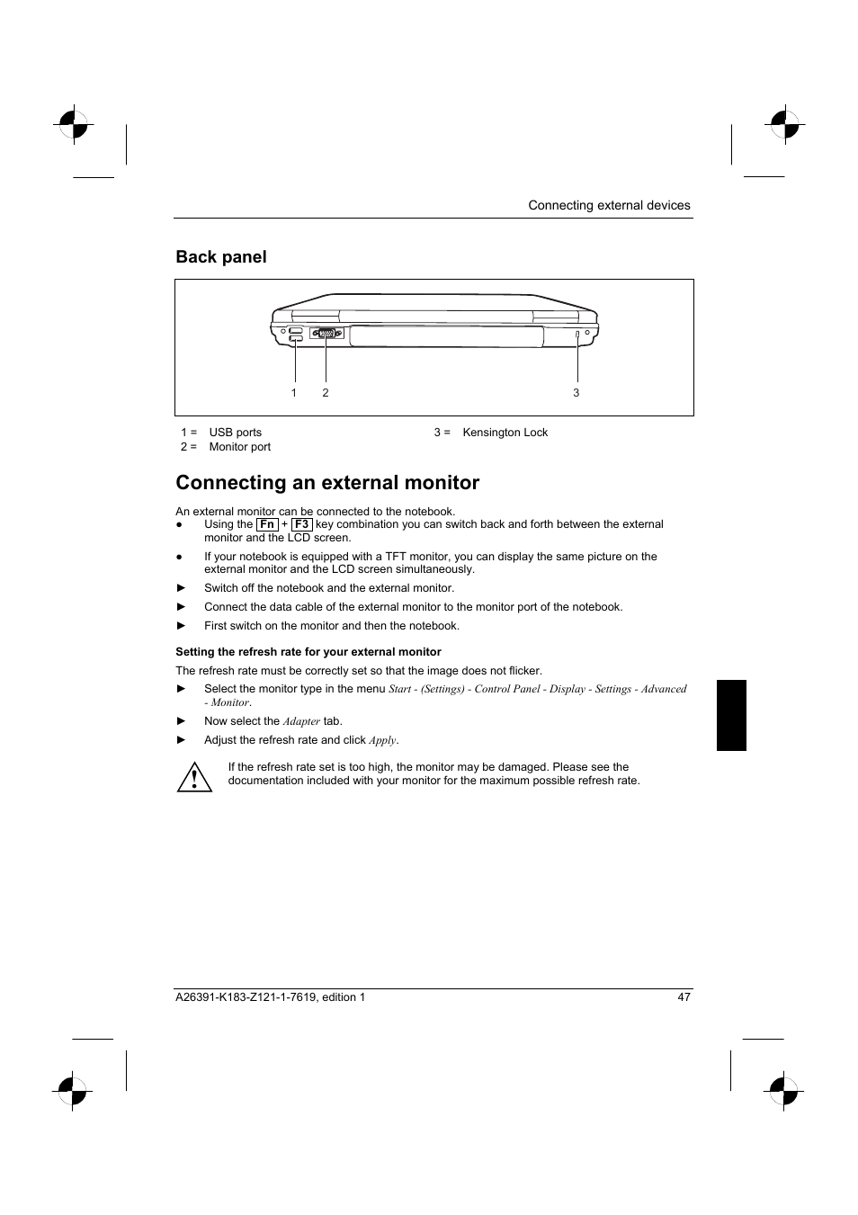 Back panel, Connecting an external monitor | Fujitsu Siemens Computers AMILO Pro V2035 User Manual | Page 57 / 84