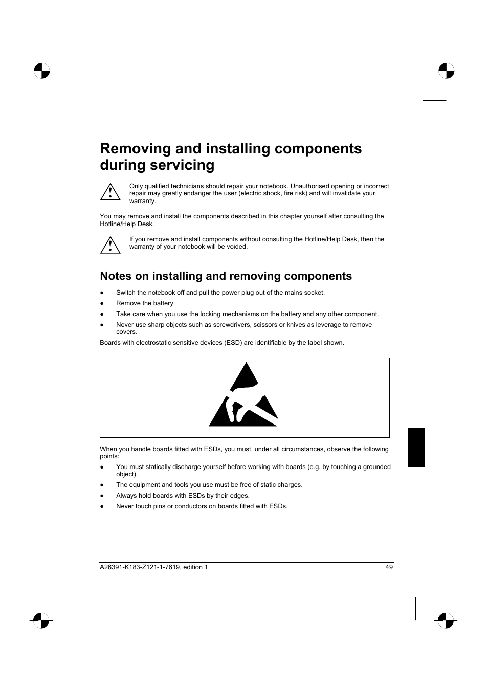Notes on installing and removing components | Fujitsu Siemens Computers AMILO Pro V2035 User Manual | Page 59 / 84