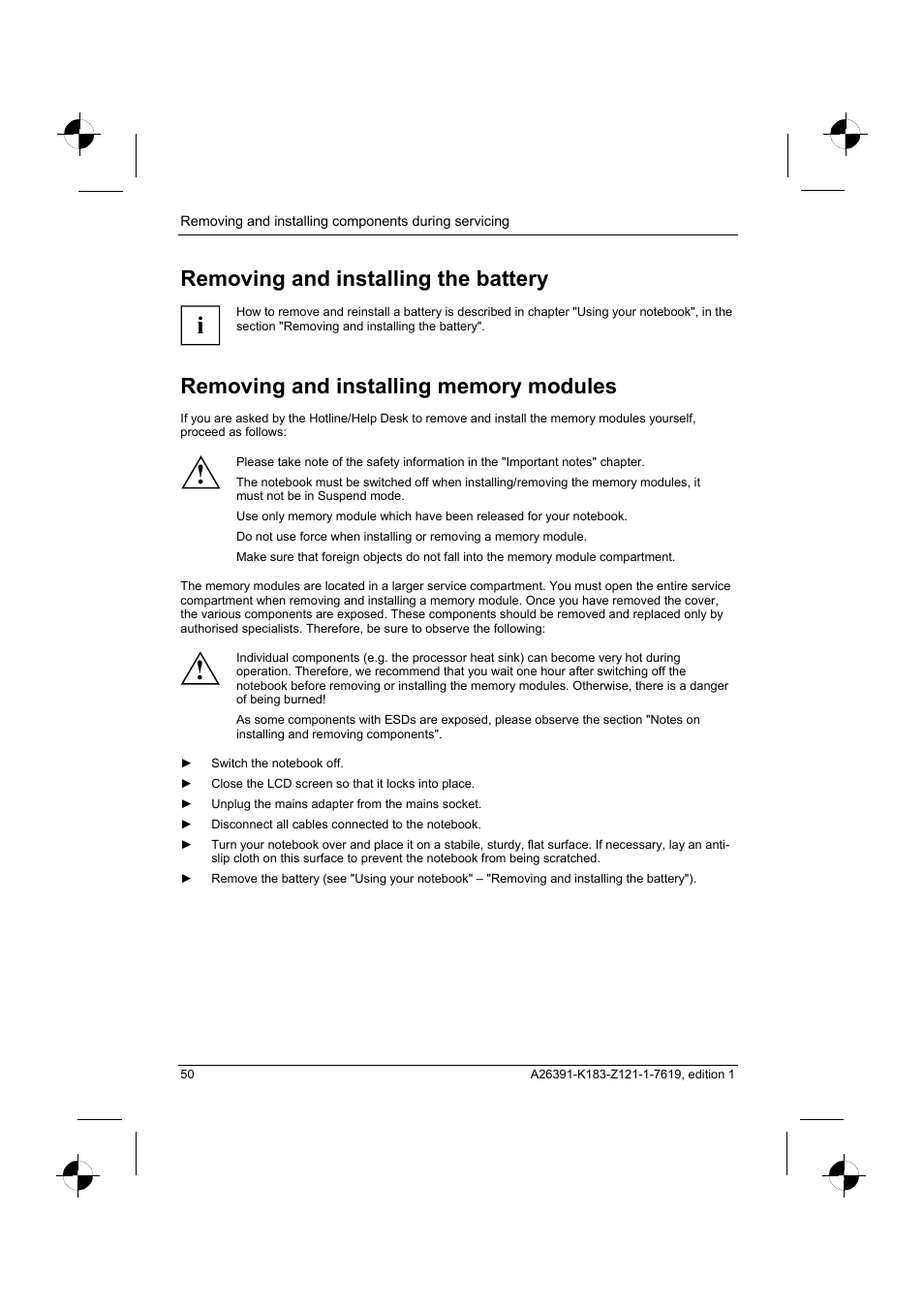 Removing and installing the battery, Removing and installing memory modules | Fujitsu Siemens Computers AMILO Pro V2035 User Manual | Page 60 / 84