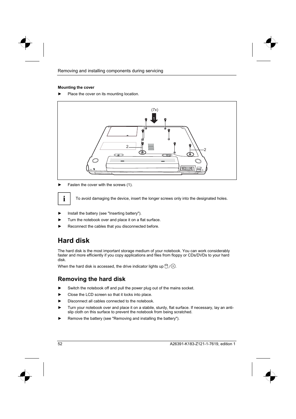 Hard disk, Removing the hard disk | Fujitsu Siemens Computers AMILO Pro V2035 User Manual | Page 62 / 84