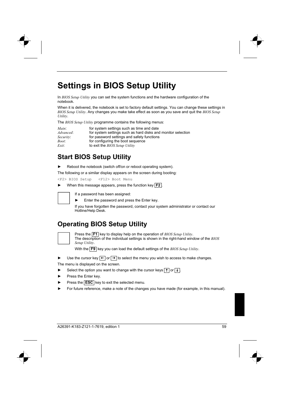Settings in bios setup utility, Start bios setup utility, Operating bios setup utility | Fujitsu Siemens Computers AMILO Pro V2035 User Manual | Page 69 / 84