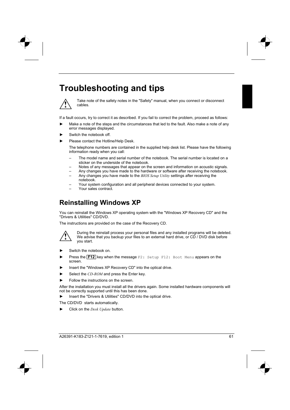 Troubleshooting and tips, Reinstalling windows xp | Fujitsu Siemens Computers AMILO Pro V2035 User Manual | Page 71 / 84