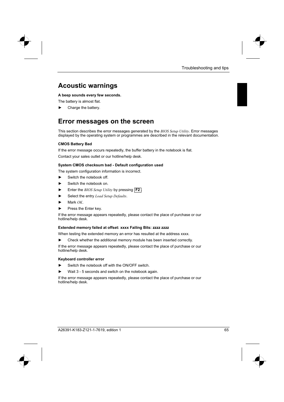 Acoustic warnings, Error messages on the screen | Fujitsu Siemens Computers AMILO Pro V2035 User Manual | Page 75 / 84