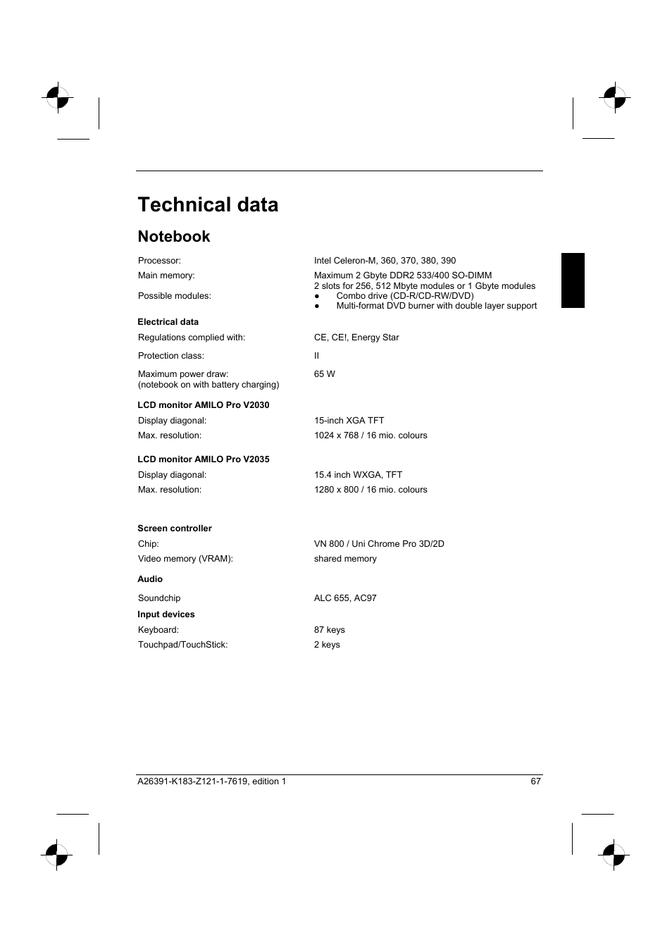 Technical data, Notebook | Fujitsu Siemens Computers AMILO Pro V2035 User Manual | Page 77 / 84