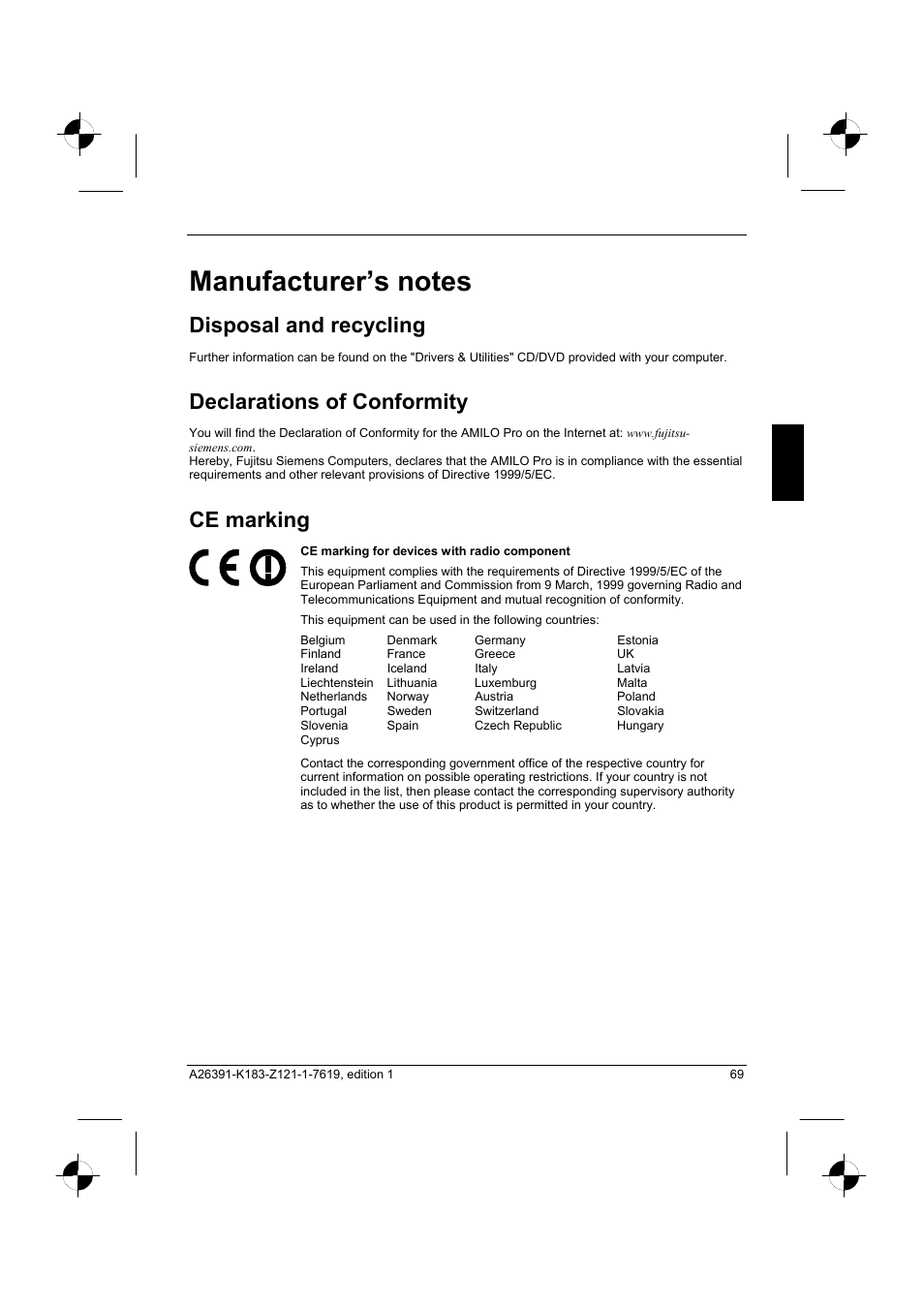 Manufacturer’s notes, Disposal and recycling, Declarations of conformity | Ce marking | Fujitsu Siemens Computers AMILO Pro V2035 User Manual | Page 79 / 84
