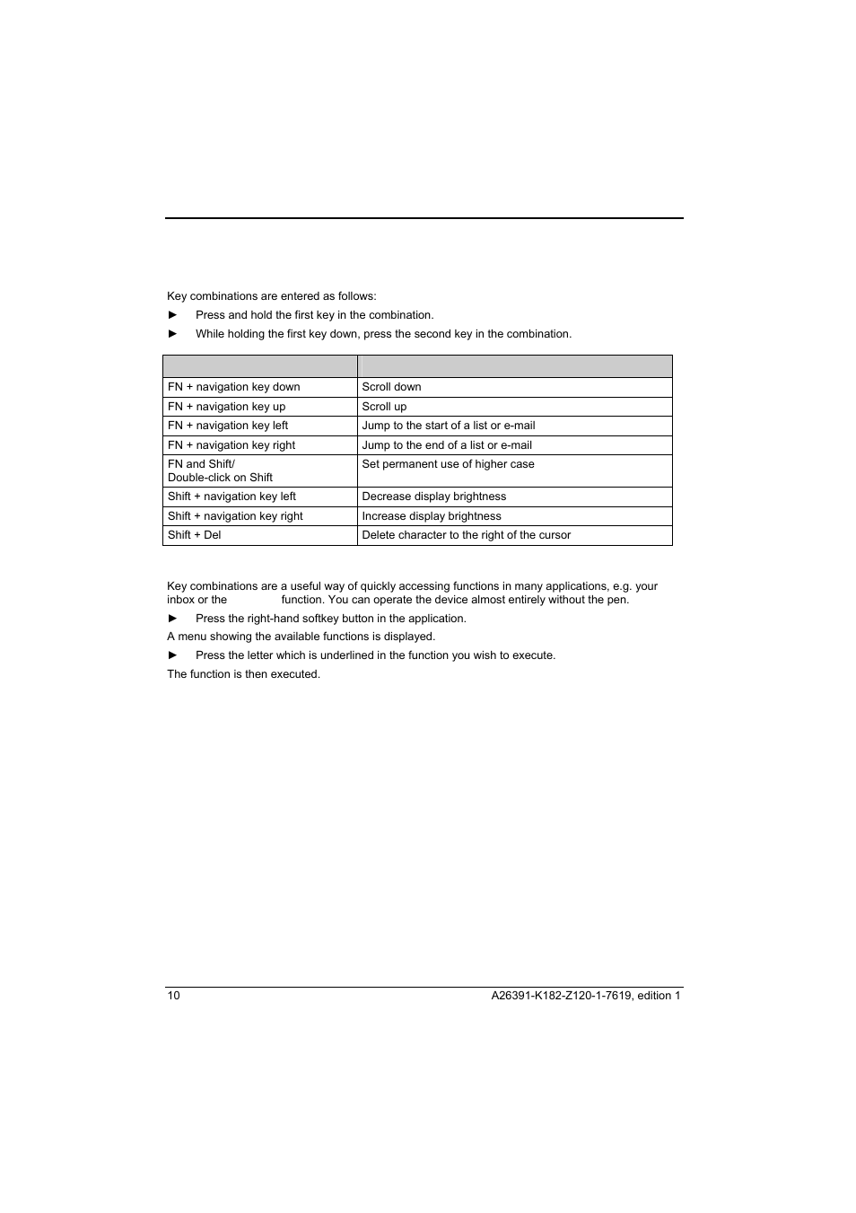 Key combinations (short cuts) | Fujitsu Siemens Computers Loox T User Manual | Page 20 / 118