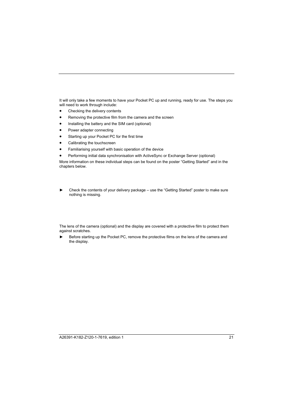 Getting started, Checking the delivery contents | Fujitsu Siemens Computers Loox T User Manual | Page 31 / 118