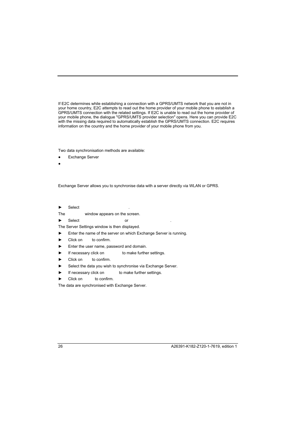 Gprs/umts provider selection, Data synchronisation, Data synchronisation via exchange server | Fujitsu Siemens Computers Loox T User Manual | Page 36 / 118