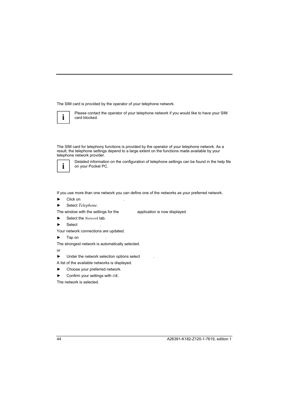 Blocking your sim card, Configuring telephone settings, Network selection | Fujitsu Siemens Computers Loox T User Manual | Page 54 / 118