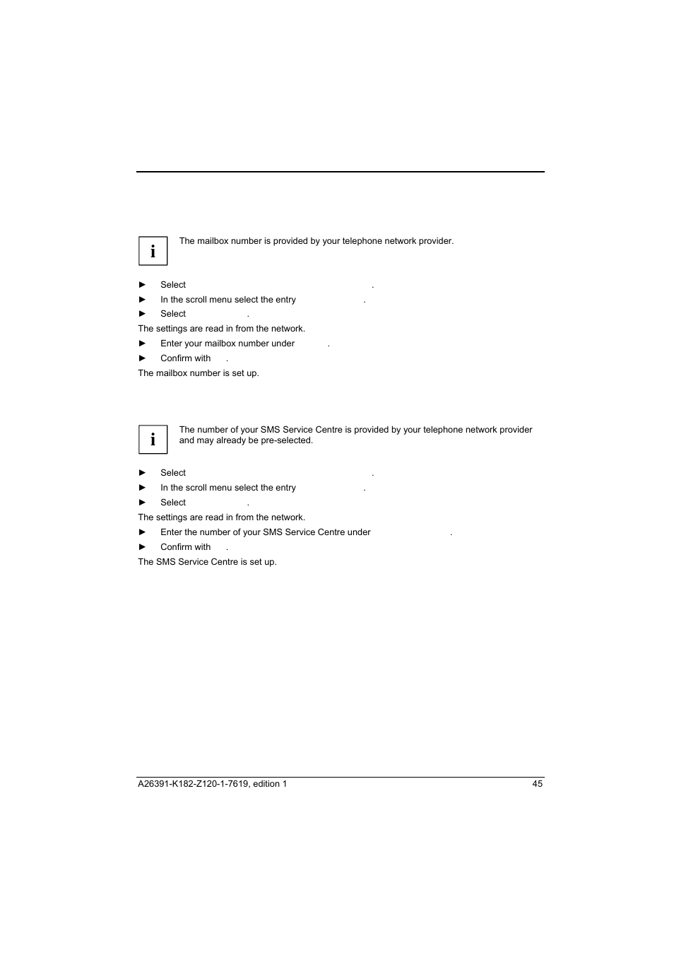 Setting up a mailbox number, Setting up the sms service centre | Fujitsu Siemens Computers Loox T User Manual | Page 55 / 118