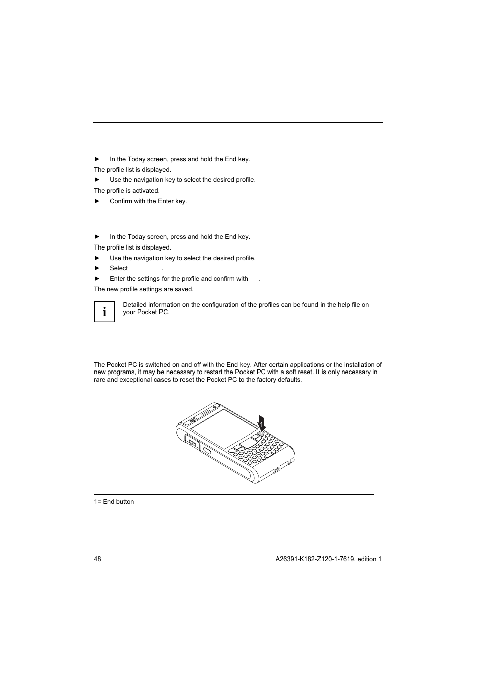Selecting profiles, Configuring profiles, Switching the pocket pc on and off | Fujitsu Siemens Computers Loox T User Manual | Page 58 / 118