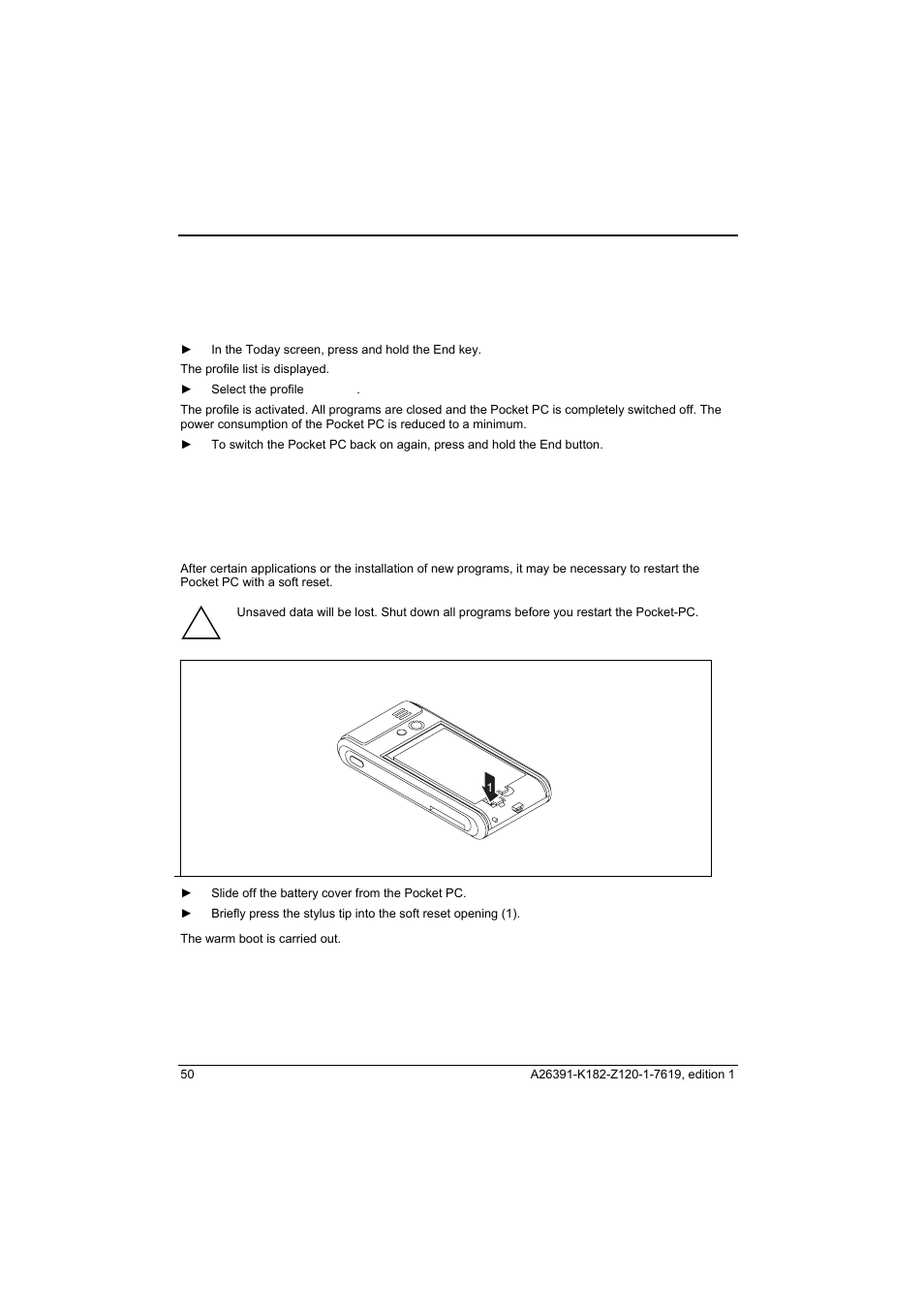 Pocket pc: switching off to save battery life, Resetting the pocket pc, Soft reset (warm start) | Switching the pocket pc off to save battery life, Switching off the pocket pc to save battery life | Fujitsu Siemens Computers Loox T User Manual | Page 60 / 118
