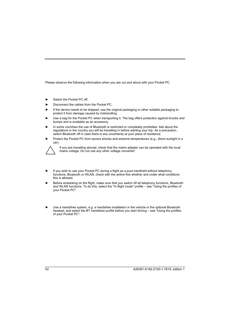 Out and about with the pocket pc, Transporting pocket pc, In-flight usage | Usage while driving | Fujitsu Siemens Computers Loox T User Manual | Page 62 / 118