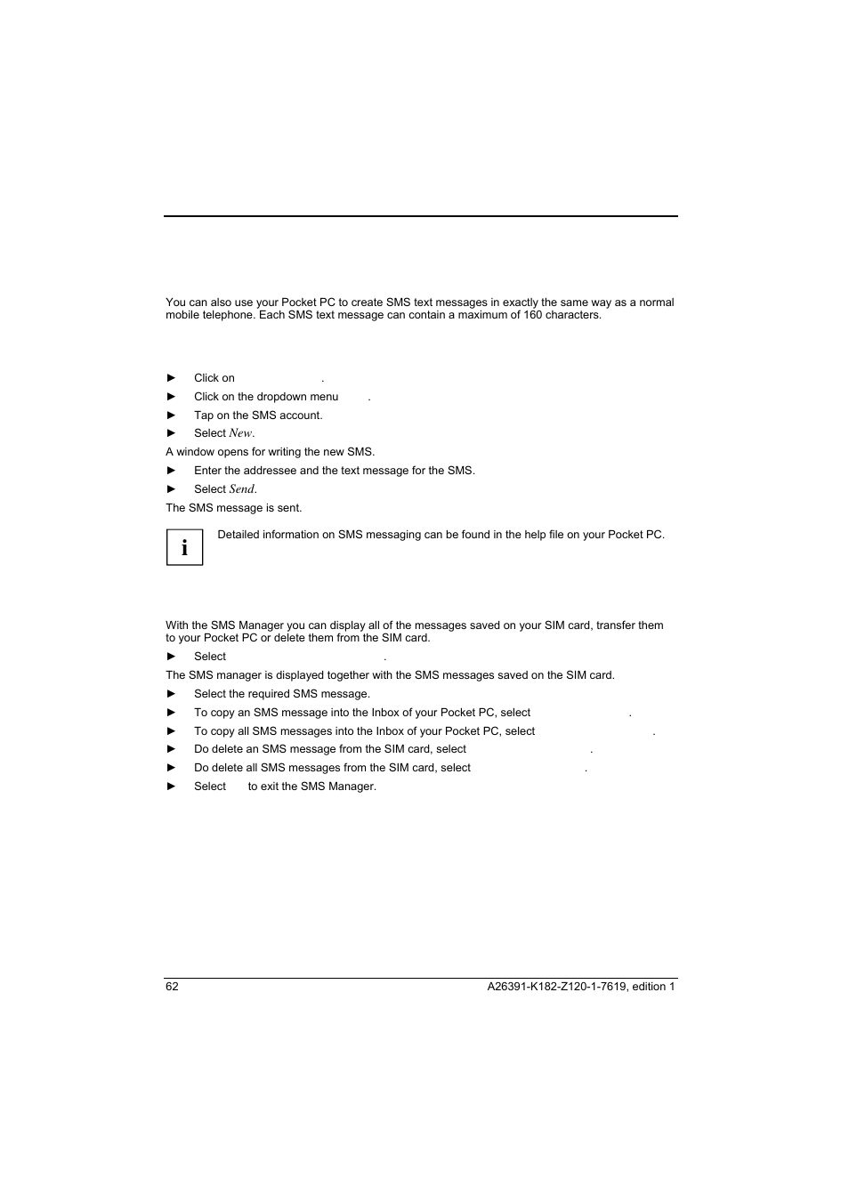 Sms messages, Creating and sending sms messages, Managing sms messages on the sim card | Fujitsu Siemens Computers Loox T User Manual | Page 72 / 118