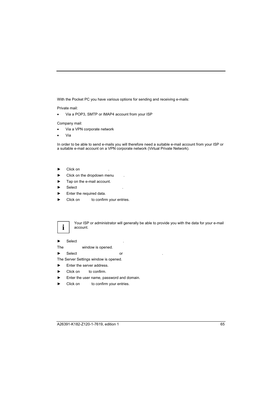 E-mail, Setting up e-mail accounts for pop3, smtp or imap4 | Fujitsu Siemens Computers Loox T User Manual | Page 75 / 118