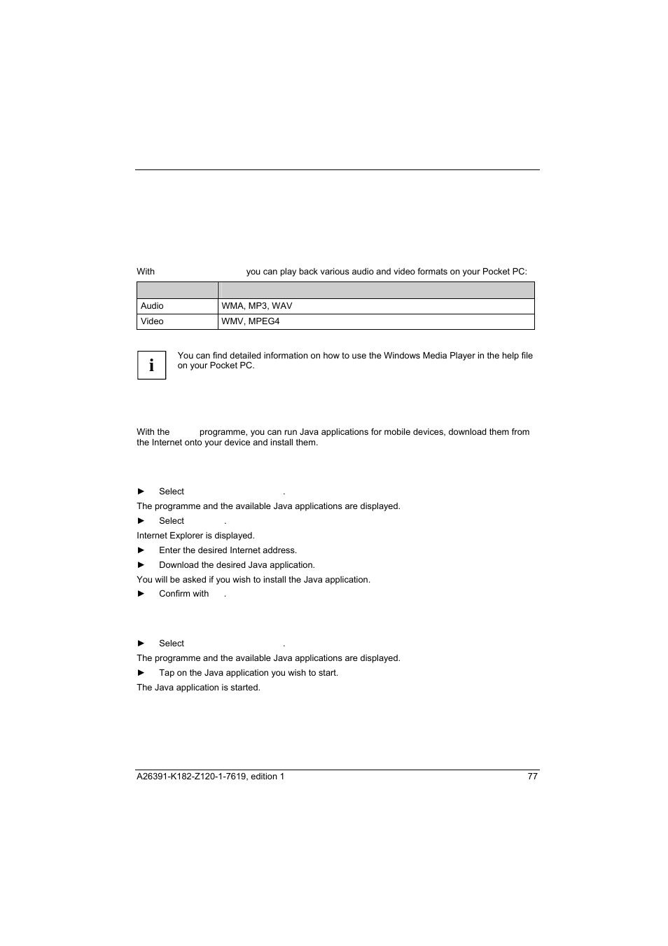 Working with files, Windows media player, Using java applications | Downloading java applications, Starting java applications | Fujitsu Siemens Computers Loox T User Manual | Page 87 / 118