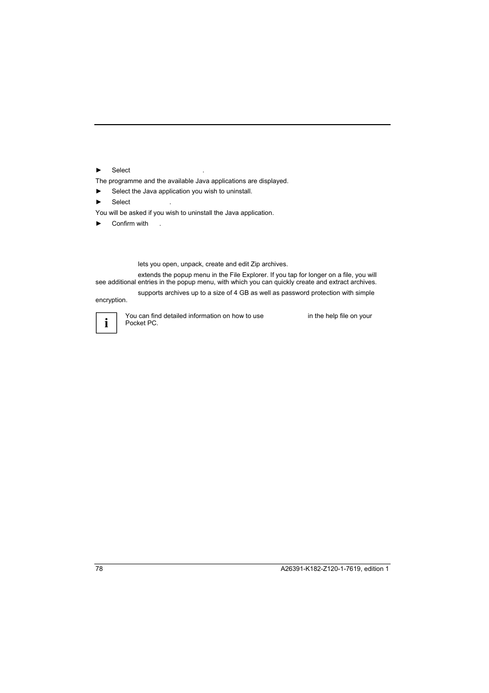 Uninstalling java applications, Compressing files with fsc mobilezip | Fujitsu Siemens Computers Loox T User Manual | Page 88 / 118
