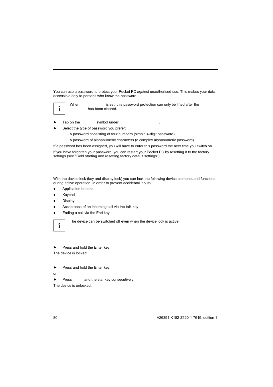 Password protection, Device lock (key and display lock), Stem, see "password protection | Fujitsu Siemens Computers Loox T User Manual | Page 90 / 118