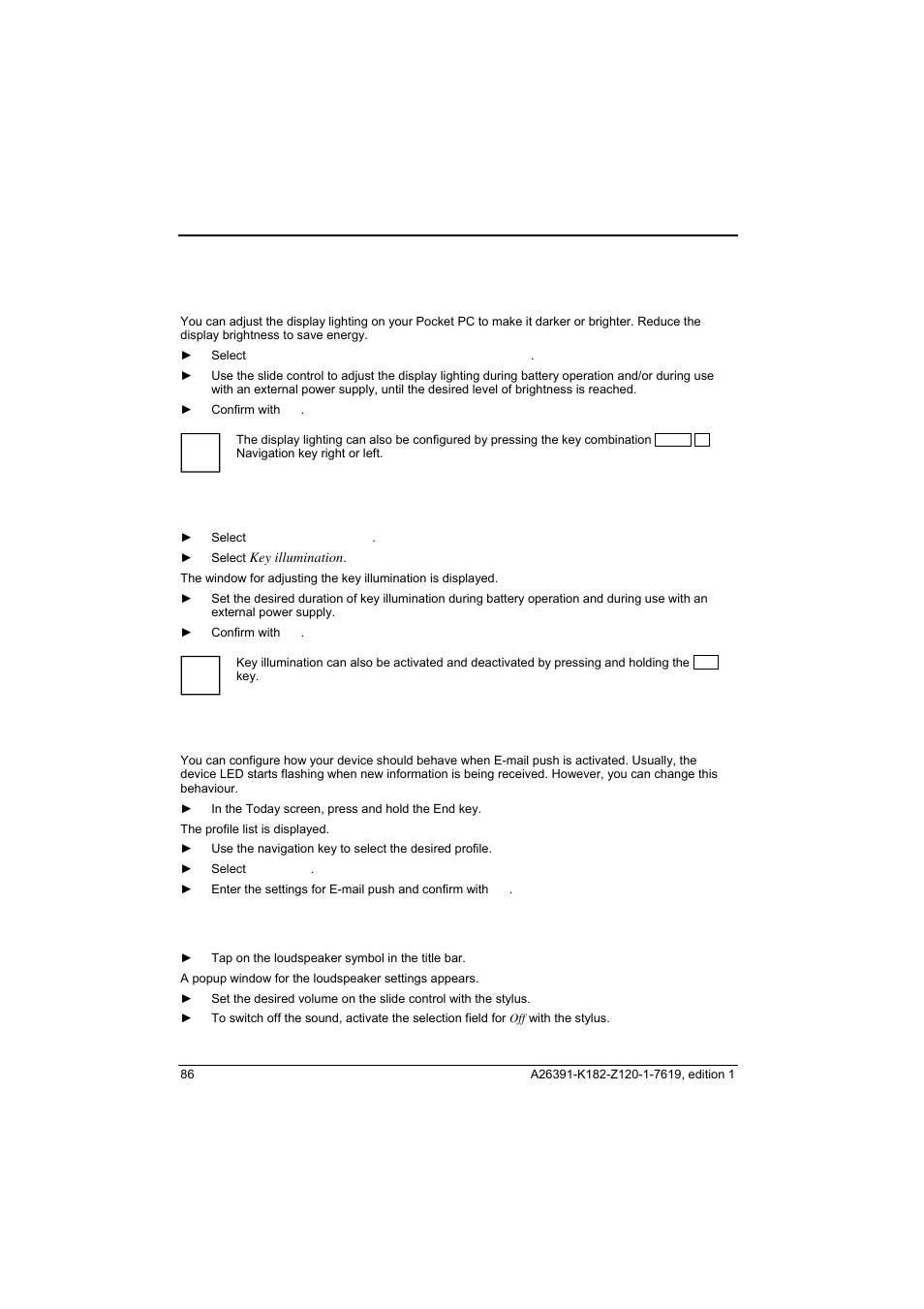 Configuring display lighting, Configuring key illumination, Switching off the sound and setting the volume | Fujitsu Siemens Computers Loox T User Manual | Page 96 / 118