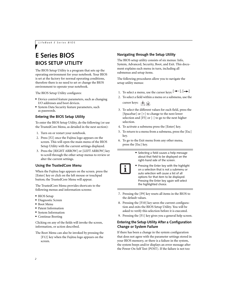 E series bios, Bios setup utility, Entering the bios setup utility | Using the trustedcore menu, Navigating through the setup utility | Fujitsu Siemens Computers LifeBook E8420 User Manual | Page 2 / 30