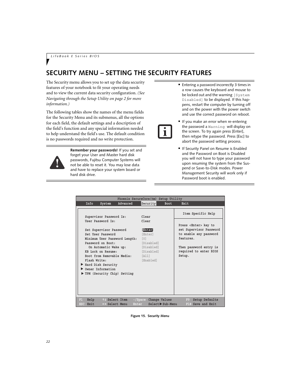 Security menu - setting the security features, Security menu – setting the security features | Fujitsu Siemens Computers LifeBook E8420 User Manual | Page 22 / 30