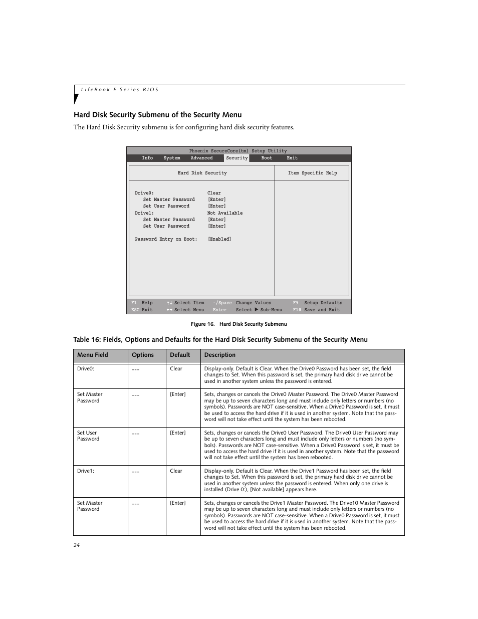 Hard disk security submenu of the security menu | Fujitsu Siemens Computers LifeBook E8420 User Manual | Page 24 / 30