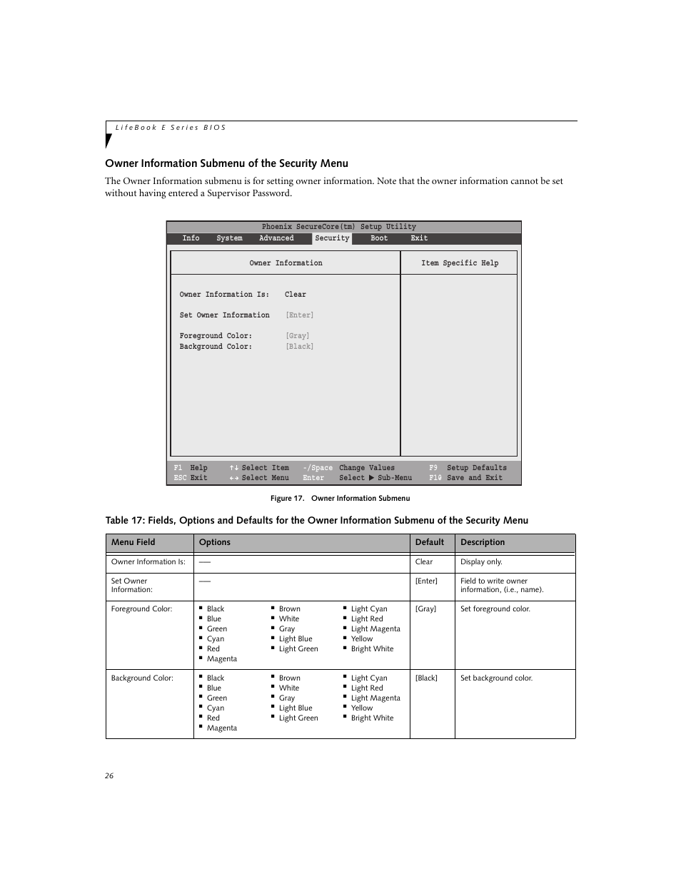 Owner information submenu of the security menu | Fujitsu Siemens Computers LifeBook E8420 User Manual | Page 26 / 30