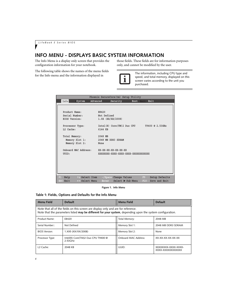 Info menu - displays basic system information | Fujitsu Siemens Computers LifeBook E8420 User Manual | Page 4 / 30
