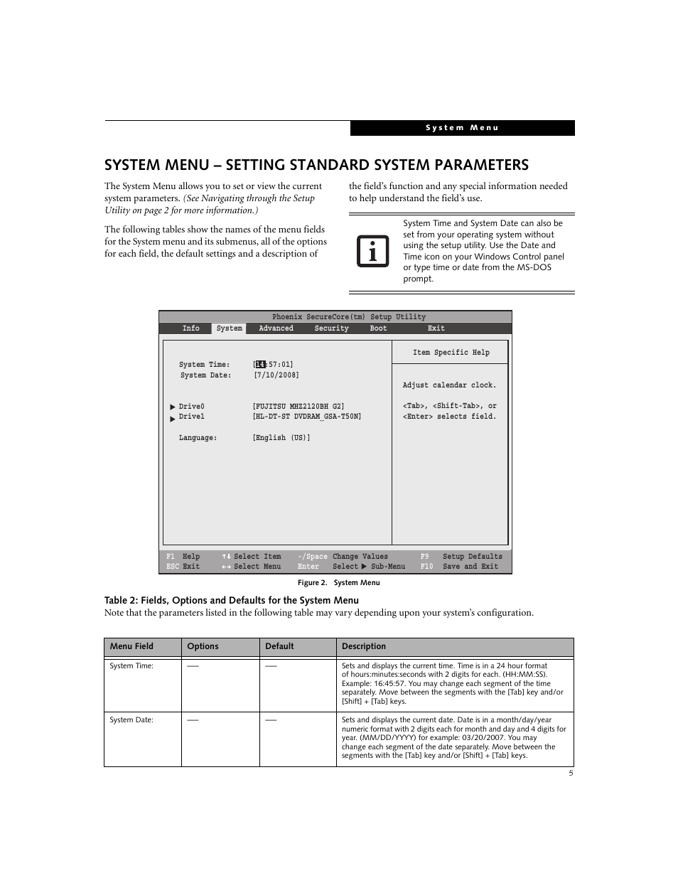 System menu - setting standard system parameters, System menu – setting standard system parameters | Fujitsu Siemens Computers LifeBook E8420 User Manual | Page 5 / 30