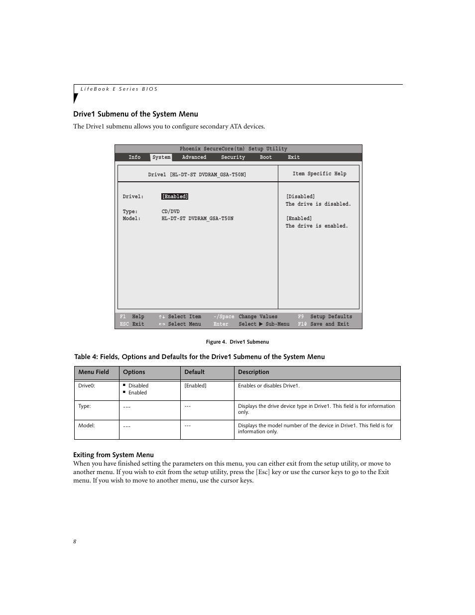 Drive1 submenu of the system menu | Fujitsu Siemens Computers LifeBook E8420 User Manual | Page 8 / 30