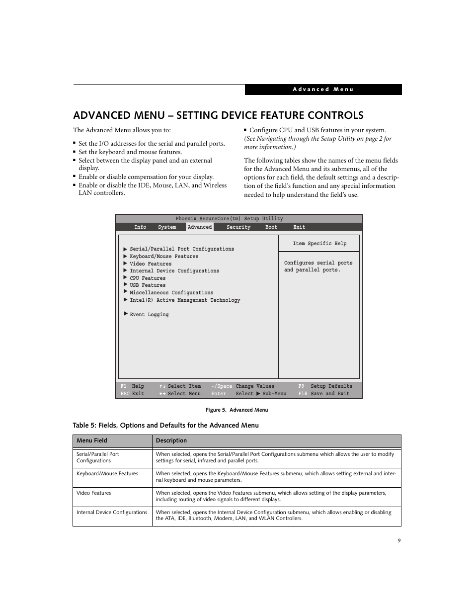 Advanced menu - setting device feature controls, Advanced menu – setting device feature controls | Fujitsu Siemens Computers LifeBook E8420 User Manual | Page 9 / 30