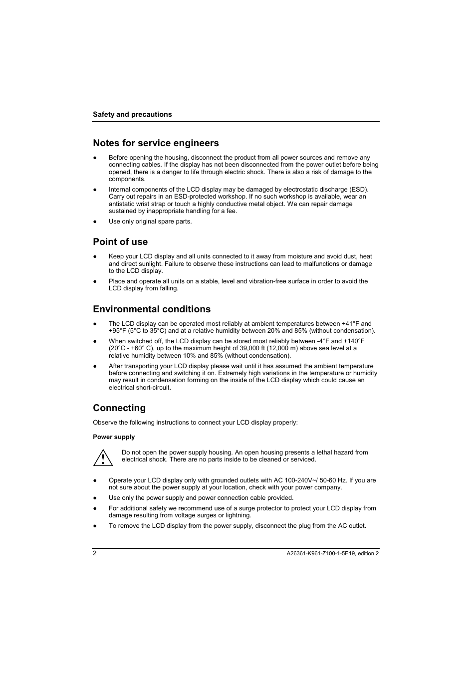 Notes for service engineers, Point of use, Environmental conditions | Connecting | Fujitsu Siemens Computers V17-1 User Manual | Page 10 / 64