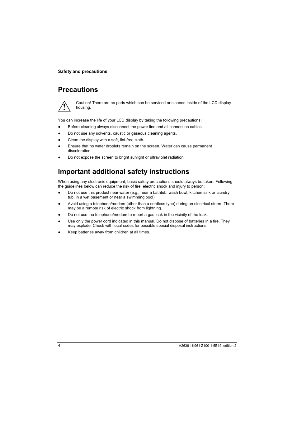 Precautions, Important additional safety instructions | Fujitsu Siemens Computers V17-1 User Manual | Page 12 / 64