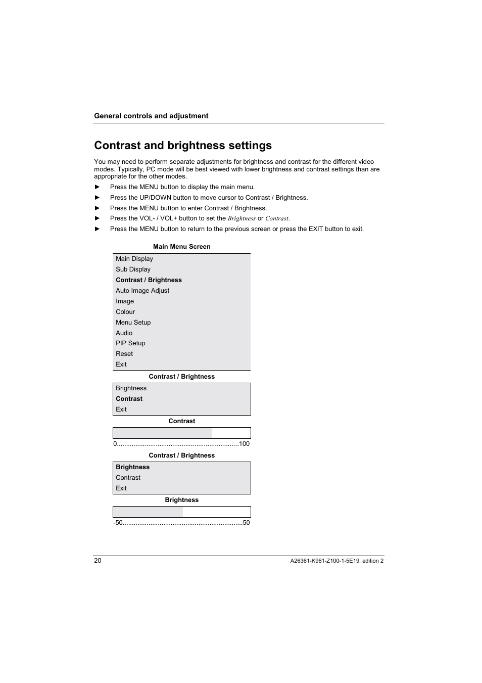 Contrast and brightness settings | Fujitsu Siemens Computers V17-1 User Manual | Page 28 / 64