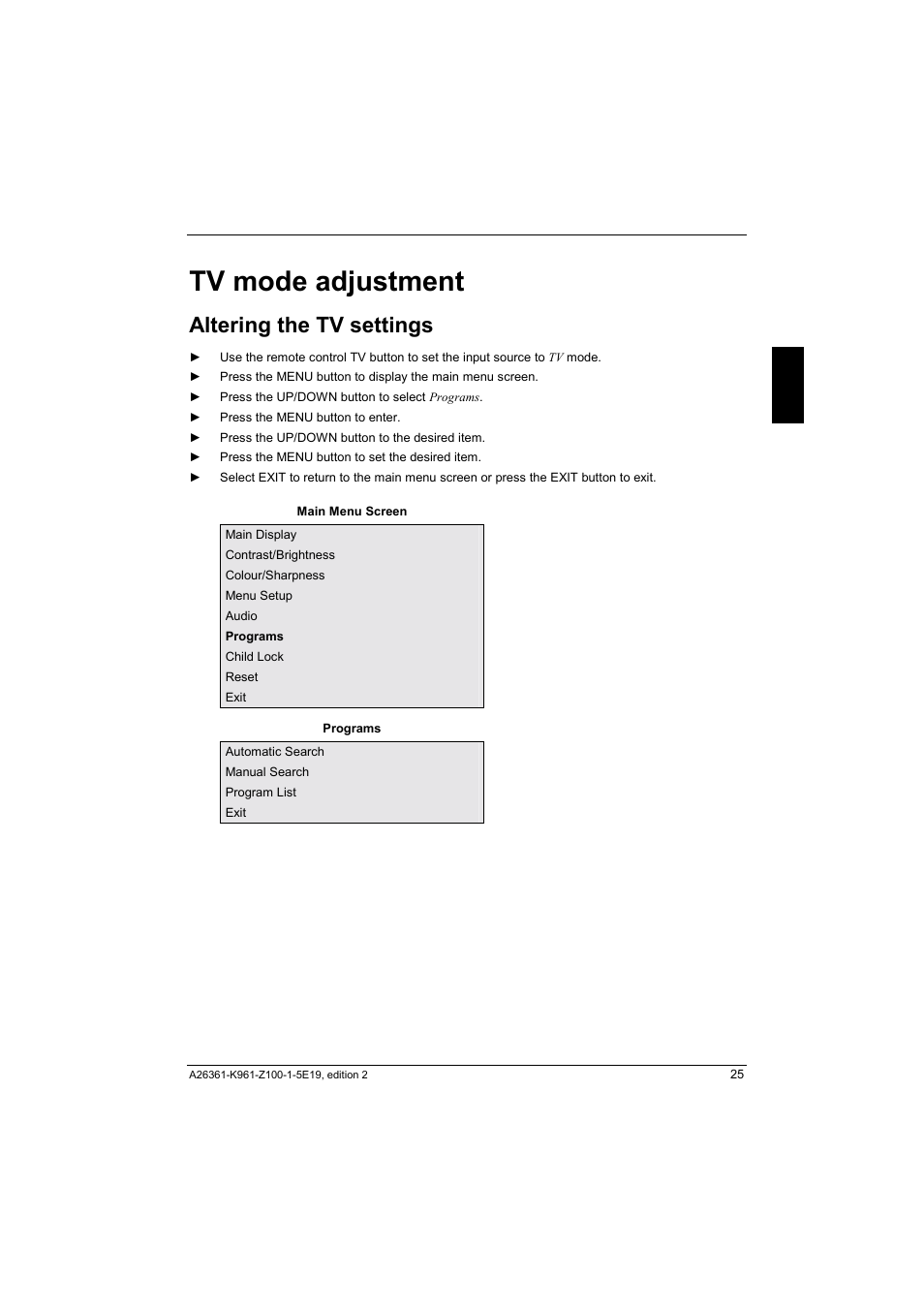 Tv mode adjustment, Altering the tv settings | Fujitsu Siemens Computers V17-1 User Manual | Page 33 / 64