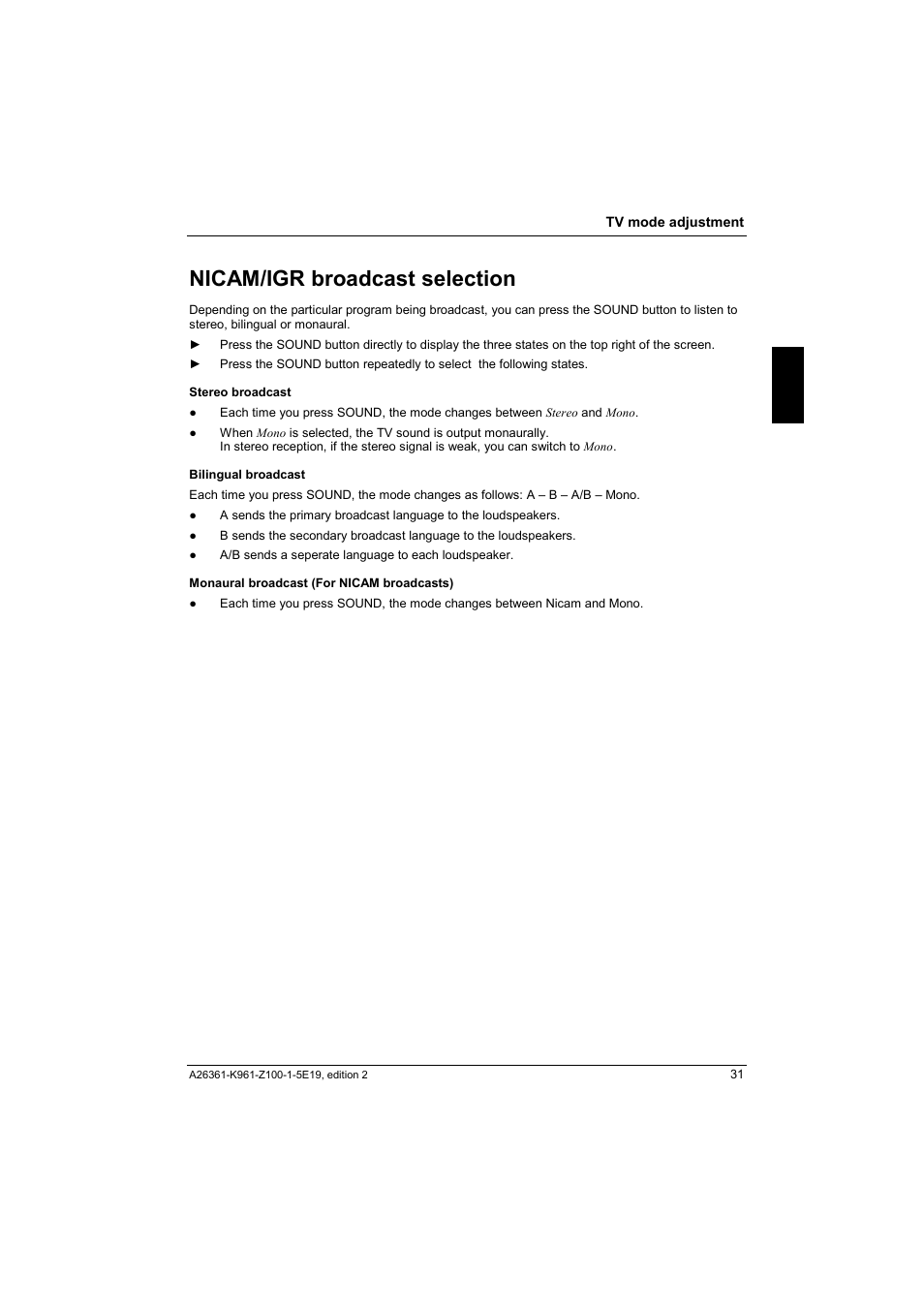 Nicam/igr broadcast selection | Fujitsu Siemens Computers V17-1 User Manual | Page 39 / 64