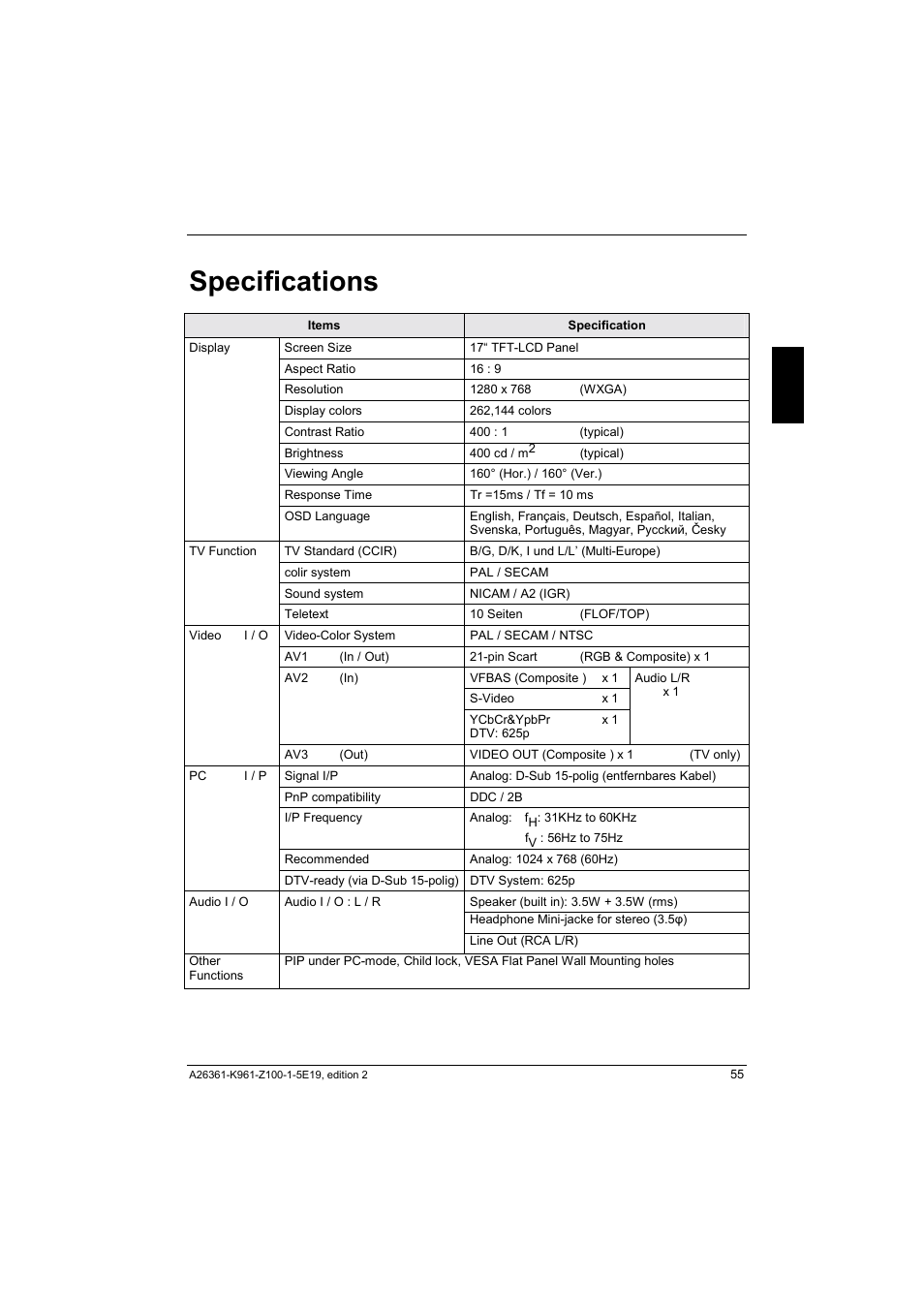 Specifications | Fujitsu Siemens Computers V17-1 User Manual | Page 63 / 64