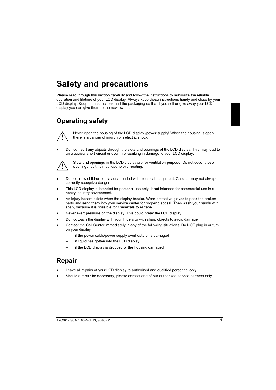 Safety and precautions, Operating safety, Repair | Fujitsu Siemens Computers V17-1 User Manual | Page 9 / 64