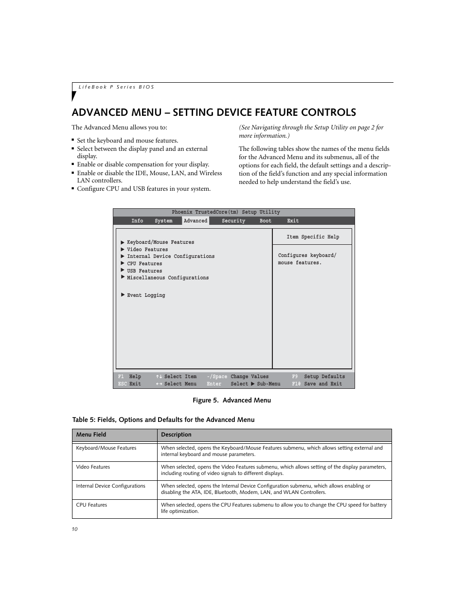 Advanced menu - setting device feature controls, Advanced menu – setting device feature controls | Fujitsu Siemens Computers P8010 User Manual | Page 10 / 27