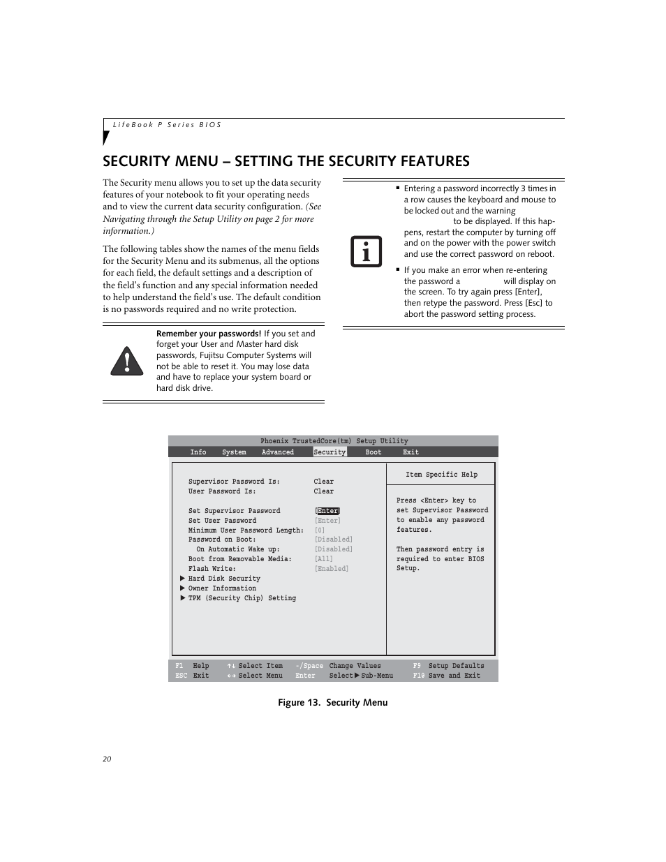 Security menu - setting the security features, Security menu – setting the security features | Fujitsu Siemens Computers P8010 User Manual | Page 20 / 27