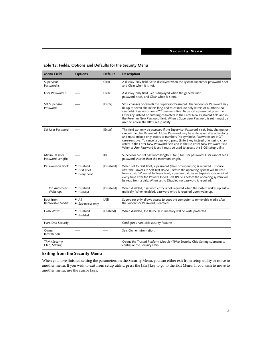 Exiting from the security menu | Fujitsu Siemens Computers P8010 User Manual | Page 21 / 27