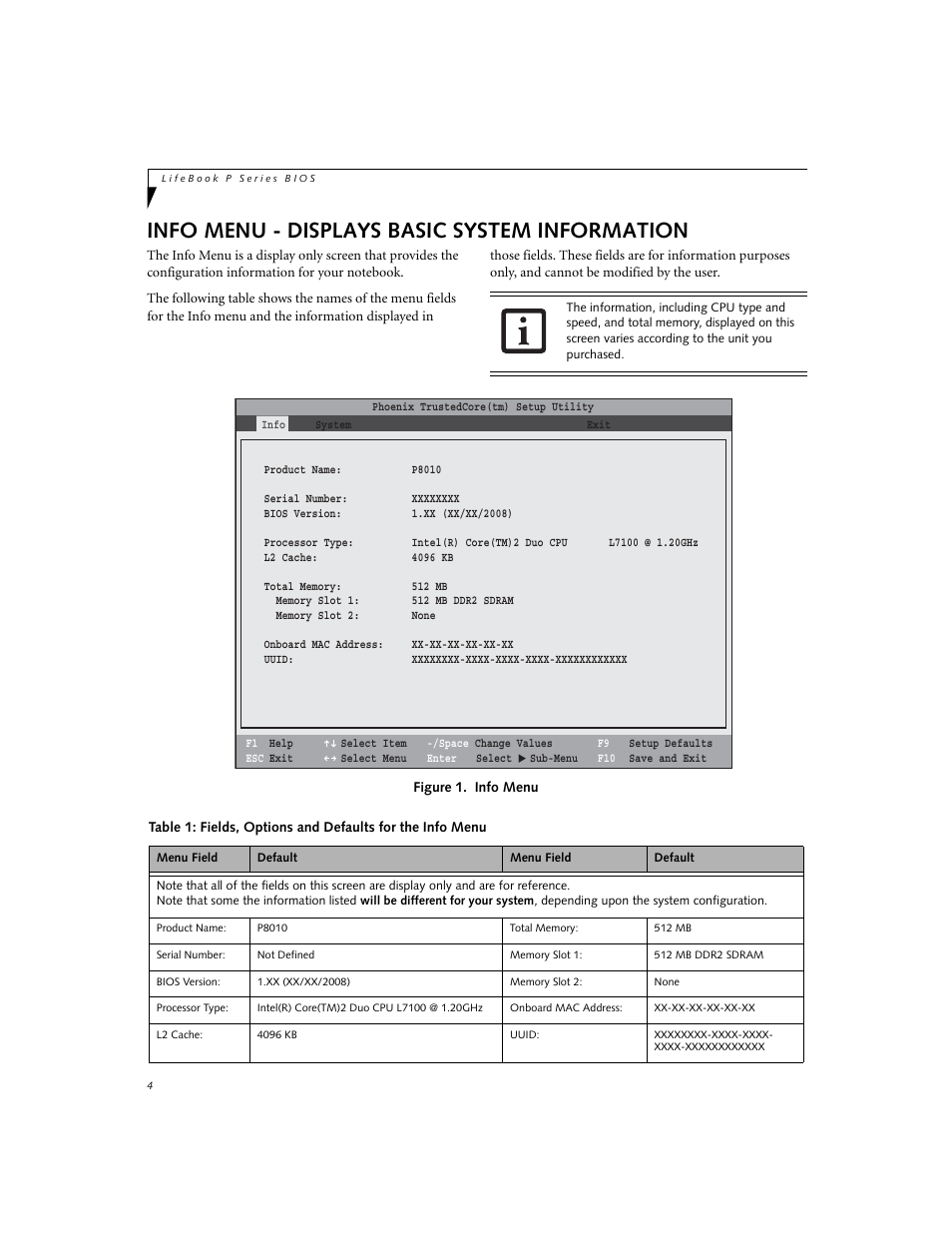 Info menu - displays basic system information | Fujitsu Siemens Computers P8010 User Manual | Page 4 / 27