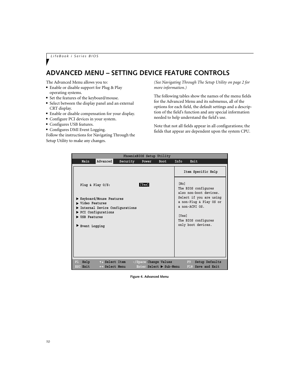 Advanced menu – setting device feature controls | Fujitsu Siemens Computers LifeBook i Series User Manual | Page 10 / 36