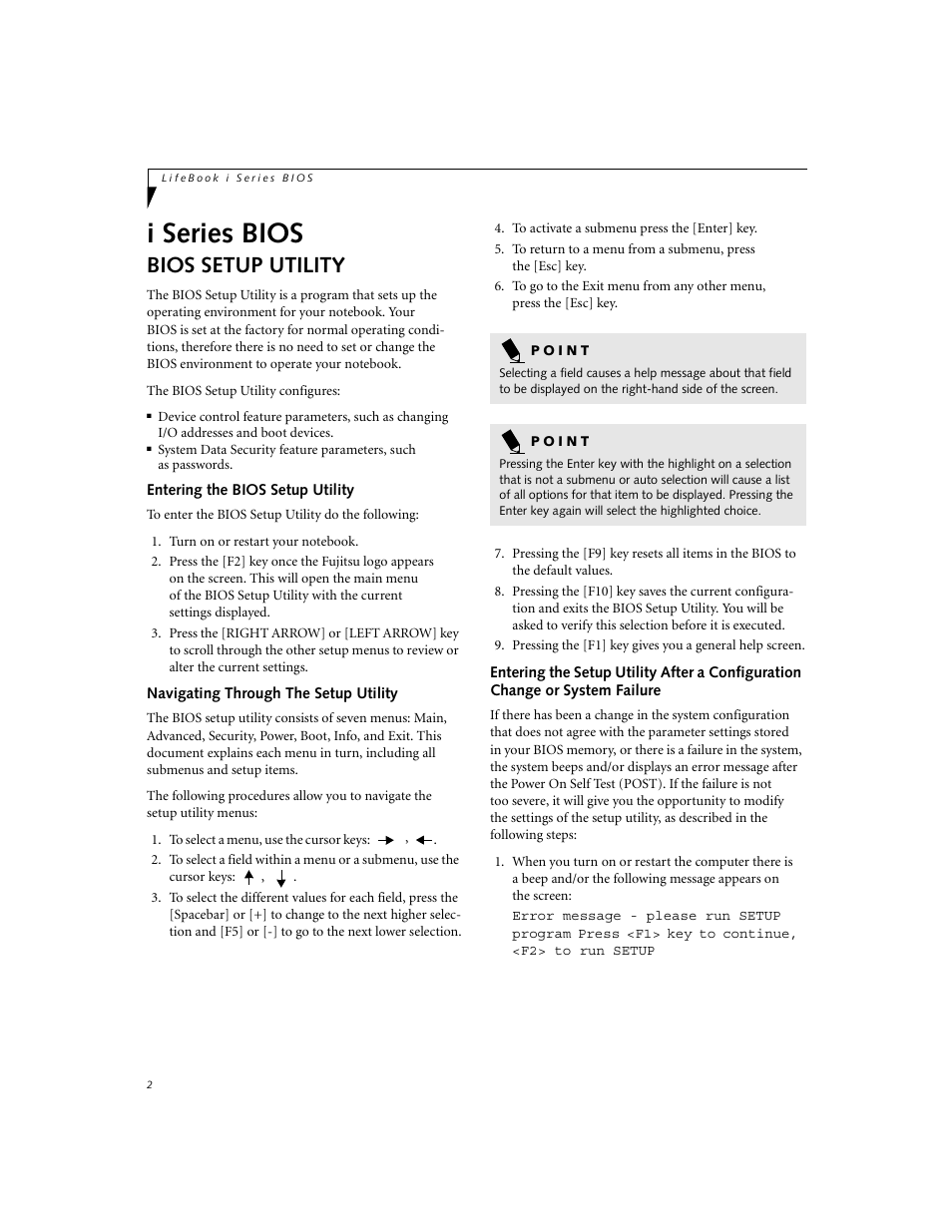I series bios, Bios setup utility | Fujitsu Siemens Computers LifeBook i Series User Manual | Page 2 / 36